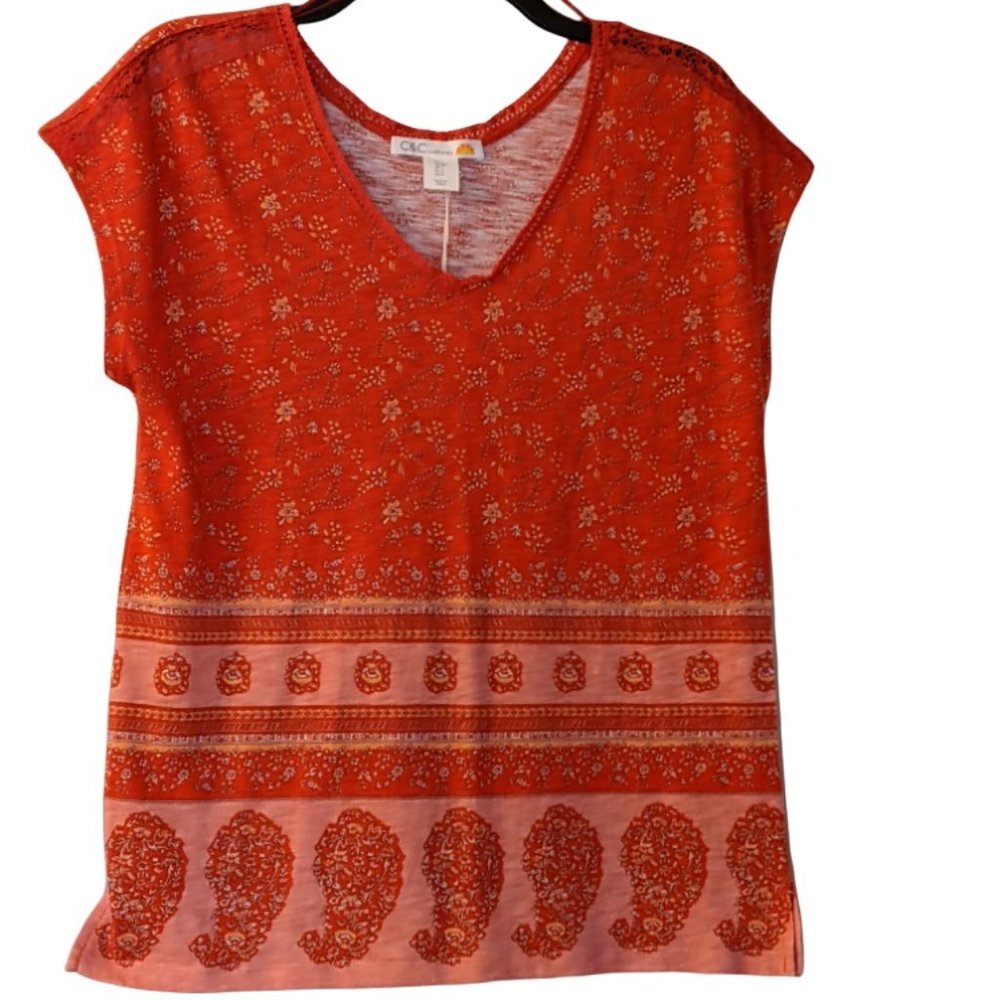 C&C California Reddish Orange Boho Floral & Paisley Print Knit Soft Top SZ S NWT - Picture 4 of 10